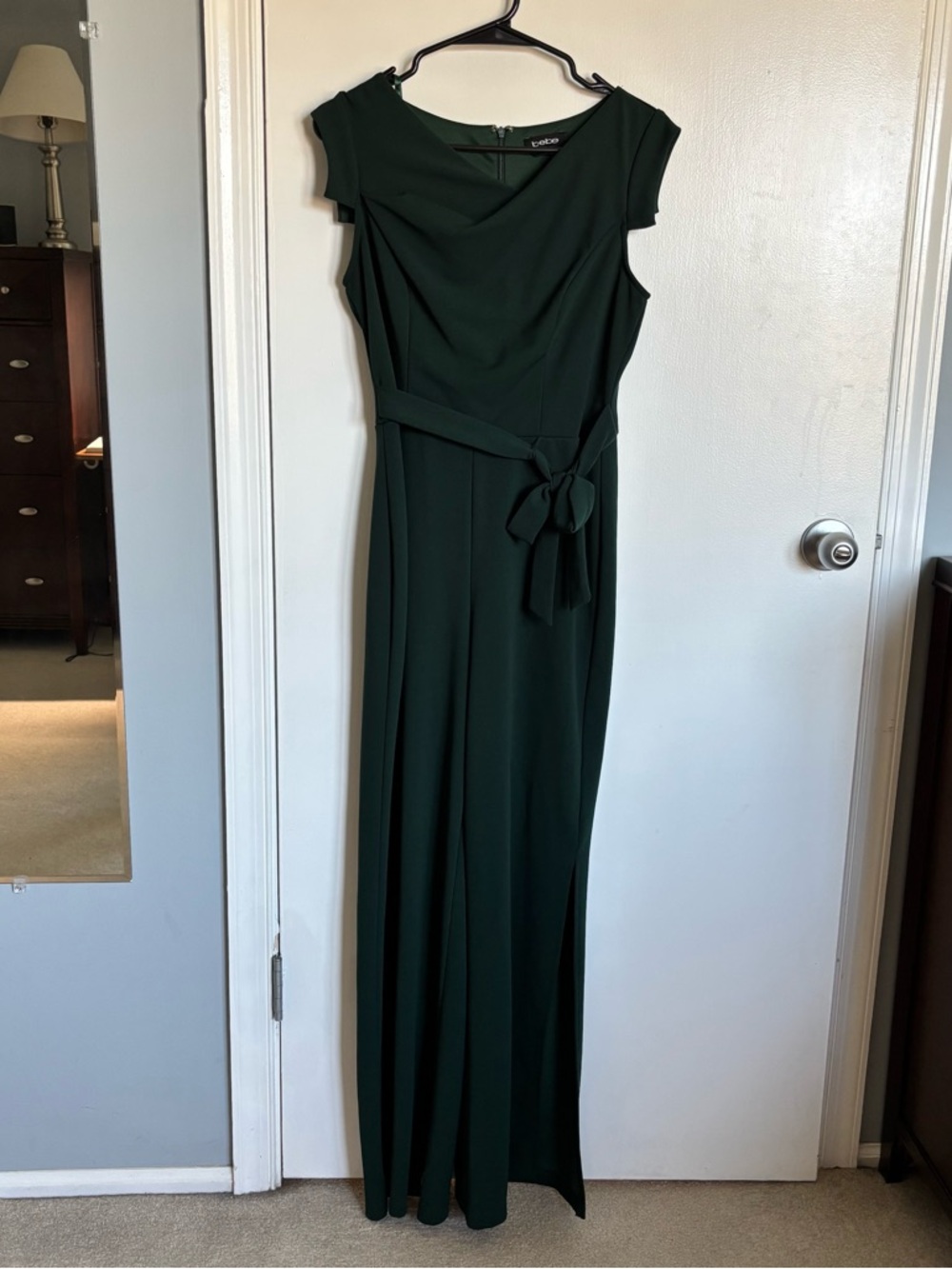 bebe Dark Green Cap-Sleeve Maxi Dress with Waist Tie